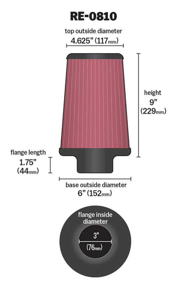 K&N Universal Rubber Filter 3inch FLG / 6inch OD-B / 4-5/8inch OD-T / 9inch L