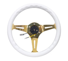 Load image into Gallery viewer, NRG Classic Wood Grain Steering Wheel (350mm) White Grip w/Chrome Gold 3-Spoke Center