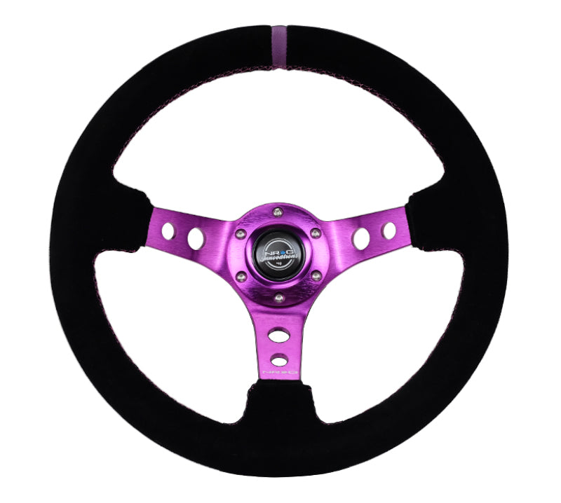 NRG Reinforced Steering Wheel (350mm / 3in. Deep) Black Suede w/Purple Center & Purple Stitching