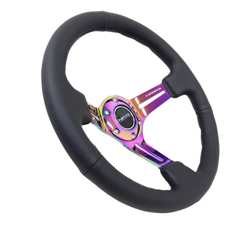NRG Reinforced Steering Wheel (350mm / 3in. Deep) Blk Leather/Blk Stitch w/Neochrome Slits