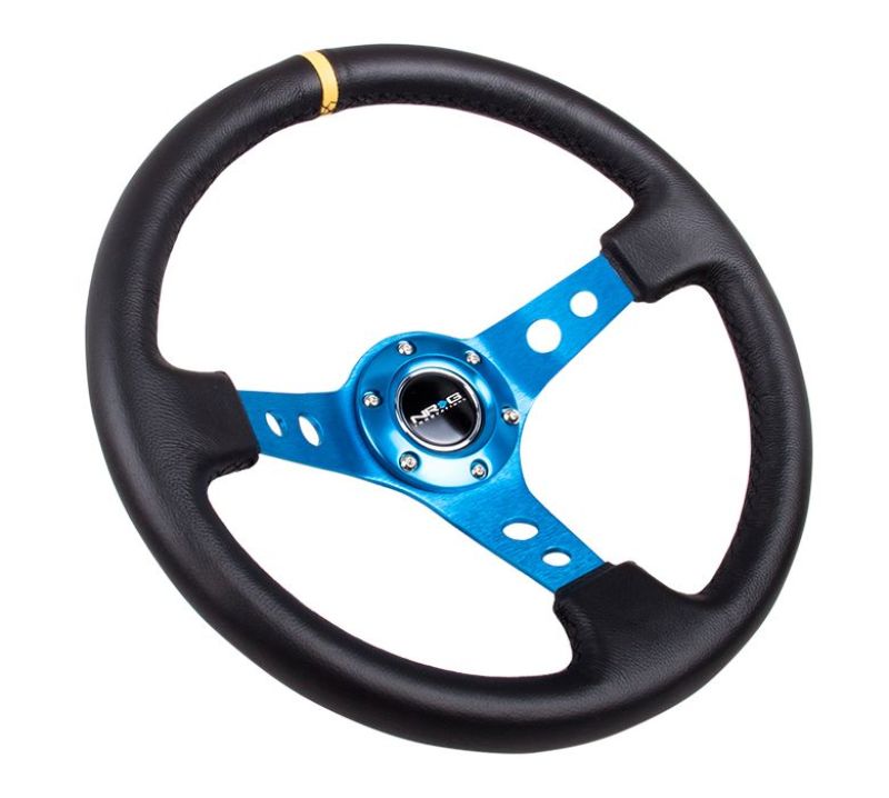 NRG Reinforced Steering Wheel (350mm / 3in. Deep) Blk Leather w/Blue Circle Cutout Spokes