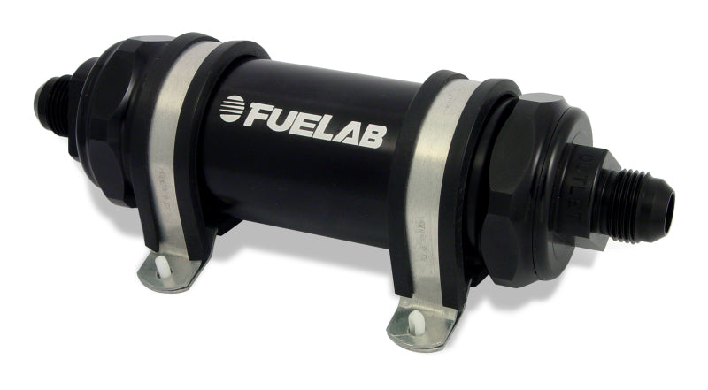 Fuelab 828 In-Line Fuel Filter Long -8AN In/Out 40 Micron Stainless - Black