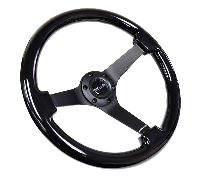 NRG Reinforced Steering Wheel (350mm / 3in. Deep) Black w/Black Chrome Solid 3-Spoke Center