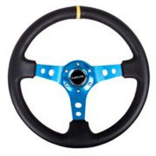 Load image into Gallery viewer, NRG Reinforced Steering Wheel (350mm / 3in. Deep) Blk Leather w/Blue Cutout Spoke &amp; Single Yellow CM