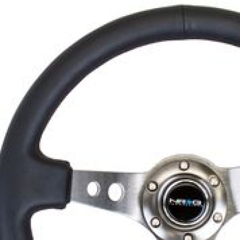 NRG Reinforced Steering Wheel (350mm / 3in. Deep) Blk Leather w/Gunmetal Circle Cutout Spokes