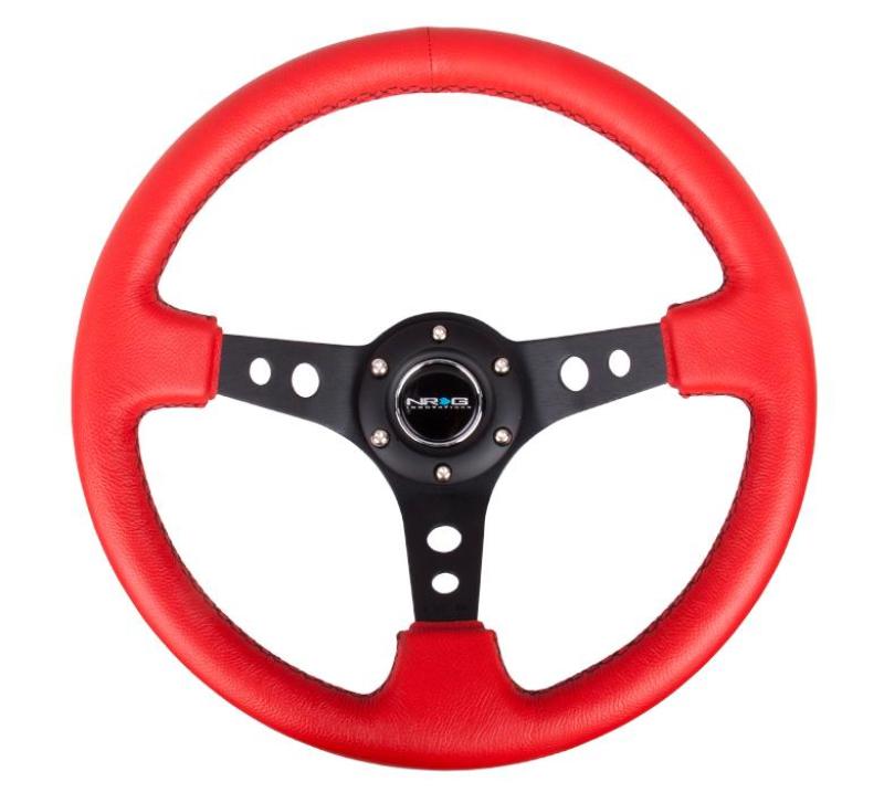 NRG Reinforced Steering Wheel (350mm / 3in. Deep) Red Leather/Blk Stitch w/Blk Spokes (Hole Cutouts)