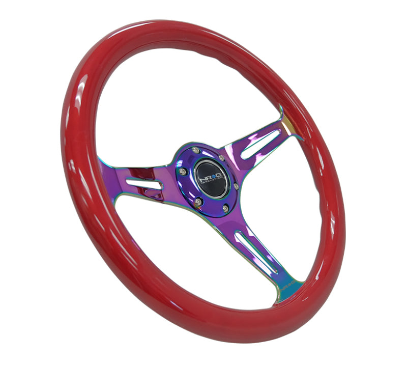NRG Classic Wood Grain Steering Wheel (350mm) Red Grip w/Neochrome 3-Spoke Center