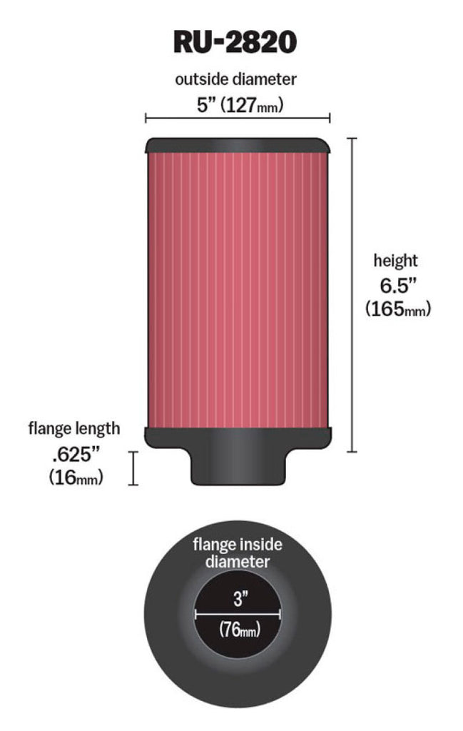 K&N Filter 3 inch Flange 5 inch OD 6 1/2 inch Height