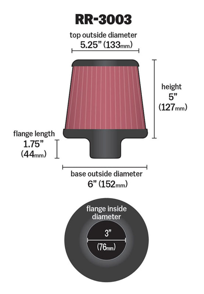 K&N Universal Filter 3 inch Flange 6 inch Base 5 1/4 inch Top 5 inch Height w/ Polished Top