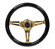 Load image into Gallery viewer, NRG Classic Wood Grain Steering Wheel (350mm) Black Grip w/Chrome Gold 3-Spoke Center