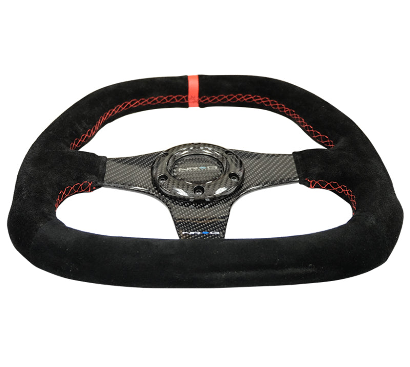 NRG Carbon Fiber Steering Wheel (320mm) Flat Btm. Blk Suede/Red Stitch w/CF Spokes & Red Center Mark