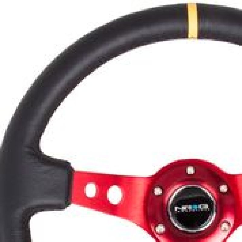NRG Reinforced Steering Wheel (350mm / 3in. Deep) Blk Leather w/Red Spokes & Sgl Yellow Center Mark