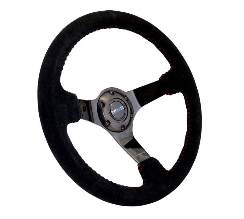 NRG Reinforced Steering Wheel (350mm / 3in. Deep) Blk Suede w/Red BBall Stitch & Black 3-Spoke