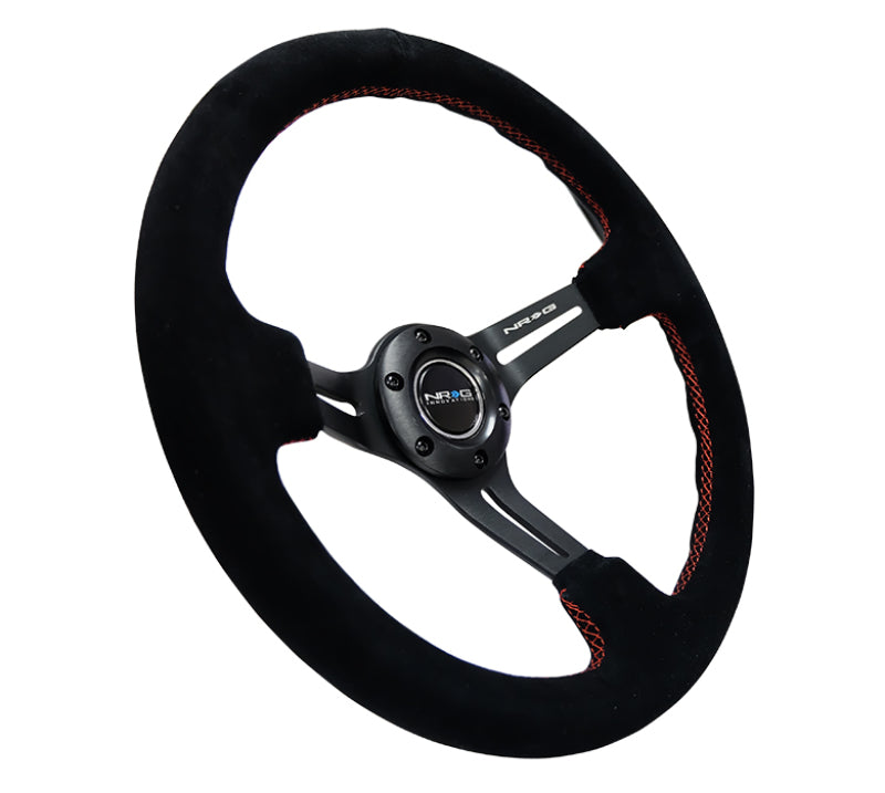 NRG Reinforced Steering Wheel (350mm / 3in. Deep) Blk Suede w/Red Stitching & 5mm Spokes w/Slits